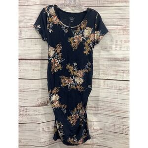 Isabel Maternity Navy Blue Floral Side Ruched Short Sleeve T-Shirt Dress Size M